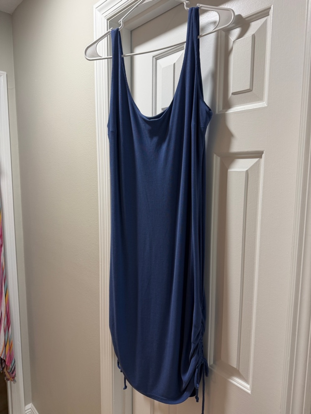 Lucy Love Navy Blue Midi Scoop Dress with Side Drawstrings